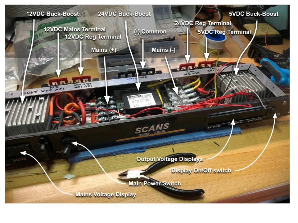 Annotated photo showing components inside 290 watt DC power supply enclosure